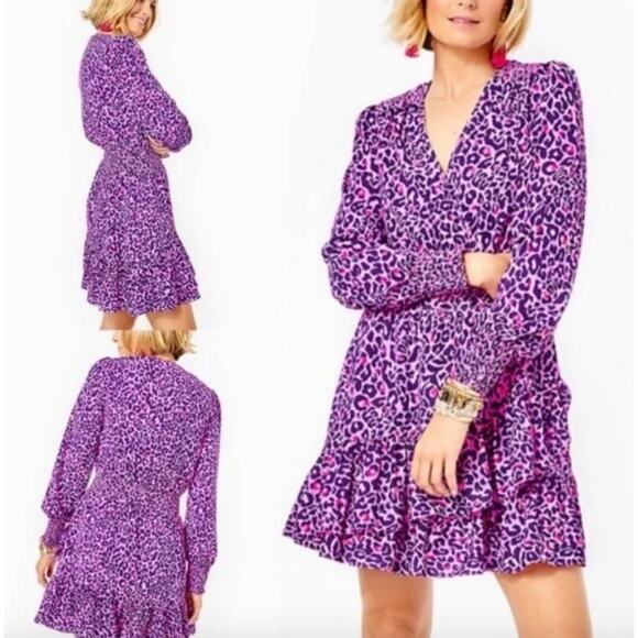 Lilly Pulitzer Cristiana LS Short Dress Purple Berry Cheetah Leopard Spot Print - Picture 1 of 11
